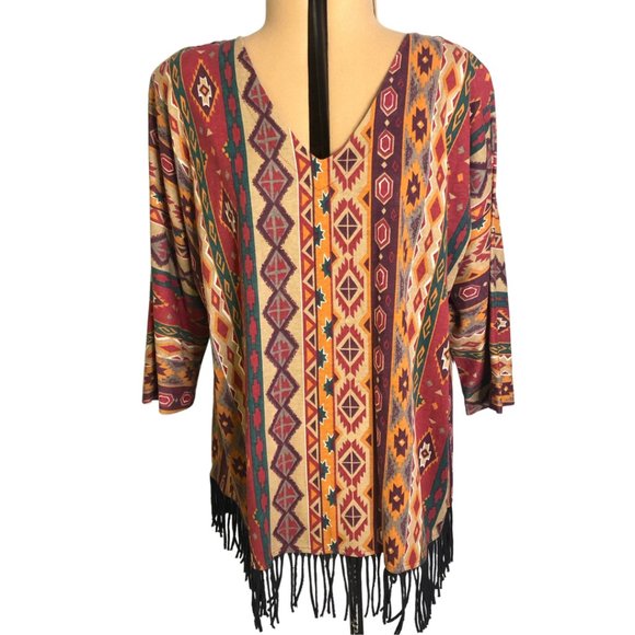 Vintage 90's Southwestern Fringe Tunic V-Neck 2X - Picture 2 of 9